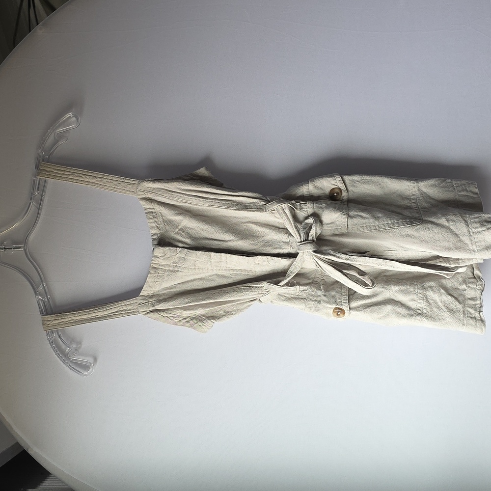 Habitual Linen-Blend Sleeveless Tie-Waist Romper in Light Beige
